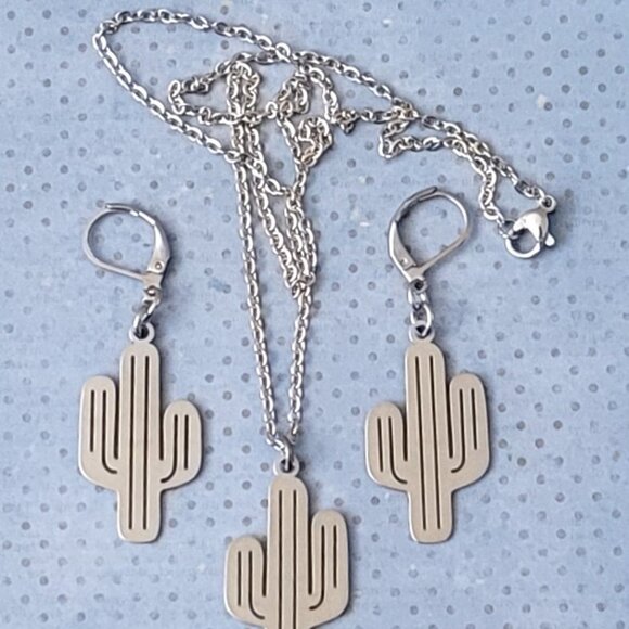 CACTUS Stainless Steel Charm Chain 18" Necklace Earrings Set Western Cowgirl - Picture 3 of 11